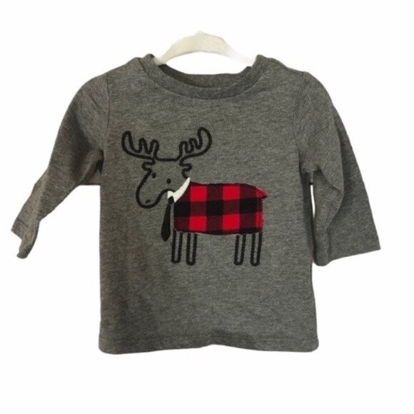 First Impressions Gray Plaid Moose Long Sleeve T-Shirt 3-6 Month - Picture 1 of 3